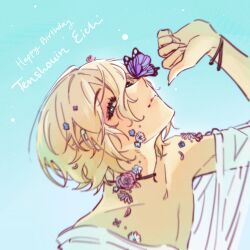 Rule 34 | 1boy, areeeee k, bishounen, blue background, blue flower, bracelet, bug, butterfly, ensemble stars!, flower, hair flower, hair ornament, happy birthday, highres, insect, jewelry, male focus, open clothes, open robe, petals, pink flower, purple butterfly, robe, simple background, solo, tenshouin eichi, white flower, white robe