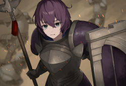 Rule 34 | 1girl, alternate costume, armor, battlefield, bernadetta von varley, brown background, dogansa, fire emblem, fire emblem: three houses, gauntlets, grey eyes, highres, holding, holding polearm, holding shield, holding weapon, looking at viewer, nintendo, pauldrons, polearm, purple hair, shield, short hair, shoulder armor, solo, spear, tearing up, weapon