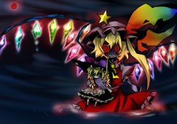 Rule 34 | 1girl, bad id, bad pixiv id, black sclera, blonde hair, blood, character doll, colored sclera, doll, female focus, flandre scarlet, full moon, grin, hair in own mouth, hat, hat ribbon, kirisame marisa, long hair, moon, mouth hold, partially submerged, ponytail, red eyes, red moon, red sclera, red skirt, ribbon, senmu (0107), sharp teeth, side ponytail, skirt, skirt set, smile, solo, star (symbol), teeth, touhou, water, wings, witch hat, yellow eyes