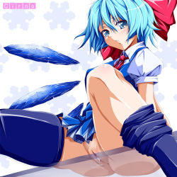 Rule 34 | 1girl, against glass, ass, bad id, bad pixiv id, blue eyes, blue hair, blush, bow, breasts, character name, cirno, hachimitsu candy, hair bow, hair ribbon, large bow, looking at viewer, matching hair/eyes, no panties, open mouth, panties, parted lips, pussy, pussy juice, ribbon, short hair, sitting, skindentation, solo, spread legs, striped clothes, striped panties, tears, thighhighs, touhou, uncensored, underwear, upskirt, wings