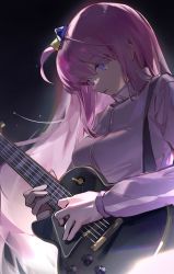 Rule 34 | 1girl, blue eyes, bocchi the rock!, cube hair ornament, electric guitar, gibson les paul, gotoh hitori, guitar, hair between eyes, hair ornament, hair over eyes, highres, holding, holding instrument, instrument, jacket, long hair, looking down, music, one side up, open mouth, pink hair, pink jacket, playing instrument, solo, track jacket, yuan (ziranran)