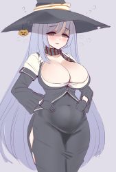 Rule 34 | 1girl, @ @, belly, black gloves, blush, breasts, circe (last origin), cleavage, dress, gloves, green eyes, grey hair, hat, highres, huge breasts, large breasts, last origin, long hair, manme, navel, open mouth, skindentation, smile, solo, very long hair, witch, witch hat