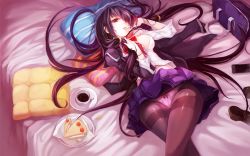 Rule 34 | 1girl, absurdres, artist request, bad id, bad pixiv id, bed, black hair, black jacket, blue skirt, bow, bow panties, cellphone, crossed legs, cup, date a live, food, hair over one eye, highres, jacket, long hair, looking at viewer, low ponytail, lying, on back, on bed, open mouth, panties, panties under pantyhose, pantyhose, phone, pillow, red eyes, school uniform, shirt, shoes, unworn shoes, skirt, smartphone, solo, tokisaki kurumi, tongue, tongue out, underwear, very long hair, white shirt