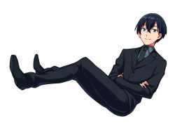 Rule 34 | 1boy, asada hachi, black footwear, black hair, black jacket, black necktie, black pants, black suit, blue eyes, closed mouth, collared shirt, commentary request, crossed arms, formal, full body, grey shirt, gridman universe, hair between eyes, jacket, looking at viewer, male focus, necktie, pants, shirt, shoes, simple background, smile, solo, ssss.gridman, suit, vit, white background