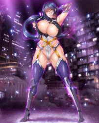 Rule 34 | 1girl, absurdres, ass, blue hair, blush, bodysuit, boots, breast press, breasts, city, covered erect nipples, curvy, embarrassed, fei (maidoll), full body, gluteal fold, high heel boots, high heels, highleg, highleg leotard, highres, huge breasts, leotard, long hair, night, partially visible vulva, ponytail, pussy juice, revealing clothes, shiny skin, sweat, taimanin (series), taimanin asagi kessen arena, thong leotard, uehara rin, wide hips