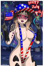Rule 34 | 1girl, absurdres, american flag, american flag bikini, american flag hat, areola slip, arthropod girl, baseball cap, bikini, breasts, brown hair, celebration, claws, colored sclera, cpt.tester works, erica (cpt.tester), fireworks, flag print, freckles, glasses, grey sclera, hat, highres, lipstick, makeup, medium breasts, midriff, multicolored hair, navel, outdoors, purple eyes, solo, standing, swimsuit, tattoo