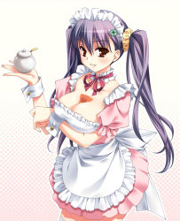Rule 34 | 1girl, breast hold, breasts, bust cup, cleavage, hal, large breasts, long hair, maid, purple hair, solo, twintails, wrist cuffs, yasaka minato