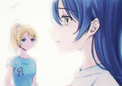 Rule 34 | 2girls, ayase eli, blonde hair, blue eyes, blue hair, blue shirt, commentary request, hair between eyes, highres, long hair, looking at another, love live!, love live! school idol project, multiple girls, ponytail, shirt, short sleeves, simple background, sonoda umi, suito, white background, yellow eyes