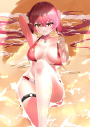 Rule 34 | 1girl, absurdres, arm up, armpits, arrow through heart, bikini, breasts, breasts apart, closed mouth, crossed bangs, earrings, eyelashes, feet out of frame, gold trim, hair between eyes, heterochromia, highres, hololive, houshou marine, houshou marine (summer), jewelry, knee up, large breasts, legs, nail polish, necklace, official alternate costume, partially submerged, pink nails, red bikini, red eyes, sidelocks, smile, solo, swimsuit, thigh strap, thighs, twintails, virtual youtuber, wardrobe malfunction, water, yellow eyes, yuzuyukiha