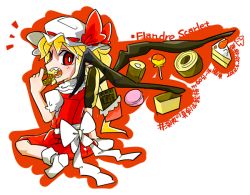 Rule 34 | 1girl, blonde hair, bow, byourou, cake, candy, chocolate, eating, flandre scarlet, flat chest, food, hat, hat bow, red eyes, sharp teeth, sitting, solo, teeth, touhou, wariza, white background, wings