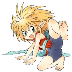 Rule 34 | 1girl, barefoot, bike shorts, blonde hair, blouse, fang, feet, full body, green eyes, m.u.g.e.n, messy hair, open clothes, open shirt, original, oyatsu (mk2), pointy ears, ran-oh, red shirt, shirt, simple background, sleeveless, sleeveless shirt, soles, solo, spiked hair, spread legs, toes, white background