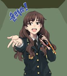 Rule 34 | 1girl, aiguillette, brown eyes, brown hair, collared shirt, dress shirt, highres, holding, holding microphone, jacket, korean text, long hair, long sleeves, medal, microphone, military, military uniform, necktie, open mouth, original, outstretched arm, republic of korea army, shirt, simple background, solo, uniform, wani (perfect han)