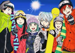 Rule 34 | 10s, 3boys, 3girls, :d, ^ ^, absurdres, akabane karma, alternate costume, ansatsu kyoushitsu, aqua hair, bad id, bad pixiv id, beanie, black gloves, black hair, blue eyes, blue hair, blue sky, blunt bangs, camouflage, character print, closed eyes, coat, day, eyebrows, glasses, gloves, goggles, goggles around neck, goggles on head, hand on another&#039;s arm, happy, hat, highres, holding another&#039;s arm, kanzaki yukiko, kayano kaede, koro-sensei, laughing, lens flare, long hair, looking at another, looking at viewer, multiple boys, multiple girls, okuda manami, open mouth, outdoors, pom pom (clothes), red hair, scarf, shiota nagisa, shishamo (abc shishamo), side-by-side, ski goggles, sky, smile, snow, snowboard, sugino tomohito, sun, swept bangs, two side up, upper body, winter clothes, winter coat, yellow eyes, zipper