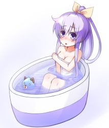 Rule 34 | 1girl, :o, bathtub, blush, breasts, cleavage, collarbone, covering privates, covering breasts, dogoo, doria (p f dolia), hair ribbon, long hair, looking at viewer, medium breasts, naked towel, nepgear, neptune (series), ponytail, purple eyes, purple hair, ribbon, sidelocks, simple background, sitting, solo, towel, water, white background