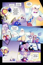 Rule 34 | !, 4boys, :o, absurdres, beard, blue eyes, blue necktie, clenched hand, comic, commentary, dr. light (mega man), dr. wily (mega man), drawloverlala, english text, facial hair, grey hair, highres, lab coat, lever, mega man (character), mega man (series), multiple boys, mustache, necktie, old, old man, proto man, red necktie, robot, scarf, shield, speech bubble, spoken exclamation mark, symbol-only commentary, white hair, yellow scarf