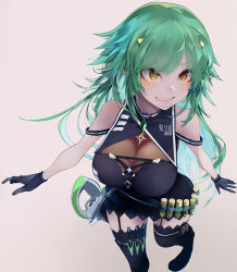 Rule 34 | 1girl, black gloves, black thighhighs, breasts, brown eyes, cleavage, cleavage cutout, clothing cutout, foot out of frame, gloves, green hair, grey background, highres, kitakoji hisui, kitakoji hisui (2nd costume), large breasts, long hair, nijisanji, parted lips, shirt, simple background, sleeveless, sleeveless shirt, smile, solo, susumu, thighhighs, very long hair, virtual youtuber