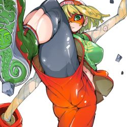 Rule 34 | 1girl, arms (game), beanie, bike shorts, blonde hair, blunt bangs, bob cut, breasts, domino mask, fighting stance, food, green eyes, green footwear, hat, high tops, kamaboko, kicking, knit hat, large breasts, leg up, looking at viewer, looking down, mask, min min (arms), narutomaki, navel, noodles, orange shorts, pom pom (clothes), shoes, short hair, shorts, simple background, sneakers, soles, solo, split, standing, standing on one leg, standing split, stomach, takayama toshinori, teriyaki, white background
