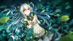 Rule 34 | 1girl, absurdres, afloat, aisnow, bracelet, commentary, cross-shaped pupils, dress, gem, genshin impact, green eyes, green gemstone, hair between eyes, hair ornament, hair spread out, highres, jewelry, leaf hair ornament, light blush, light particles, lily pad, long hair, looking up, nahida (genshin impact), one side up, parted lips, partially submerged, sleeveless, solo, steepled fingers, symbol-shaped pupils, very long hair, white dress