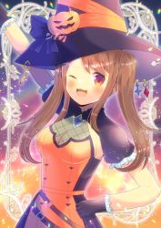Rule 34 | 1girl, ;d, arm up, black bow, black gloves, black hat, blush, bow, breasts, brown hair, cleavage, commentary request, commission, copyright request, dress, frilled gloves, frills, gloves, hat, hat bow, jack-o&#039;-lantern, kou hiyoyo, long hair, looking at viewer, medium breasts, one eye closed, open mouth, orange dress, outstretched arm, puffy short sleeves, puffy sleeves, red eyes, see-through, short sleeves, shrug (clothing), skeb commission, smile, solo, swept bangs, twintails, very long hair, virtual youtuber, witch hat