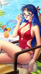 Rule 34 | 1girl, :d, adjusting eyewear, adjusting glasses, black-framed eyewear, blue hair, bracelet, breasts, casual one-piece swimsuit, cleavage, day, doukyuusei 2, doukyuusei another world, floating hair, game cg, hair intakes, hair ribbon, jewelry, large breasts, lens flare, long hair, looking over eyewear, looking over glasses, narusawa misako, official art, one-piece swimsuit, open mouth, outdoors, pool, purple-tinted eyewear, purple-tinted glasses, red ribbon, red one-piece swimsuit, ribbon, sarong, sideboob, sitting, smile, solo, sparkle, sunglasses, swimsuit, tinted eyewear, very long hair, yellow eyes