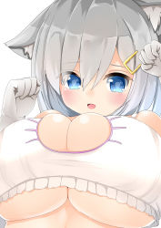 Rule 34 | 10s, 1girl, :d, alternate costume, animal ears, blue eyes, blush, breasts, cat cutout, cat ears, cat lingerie, cleavage cutout, clothing cutout, eyes visible through hair, fang, frills, gloves, hair ornament, hairclip, hamakaze (kancolle), hidaka0503, highres, kantai collection, kemonomimi mode, large breasts, looking at viewer, meme attire, open mouth, silver hair, smile, solo, tears, underboob, underwear, underwear only, upper body, white background, white gloves