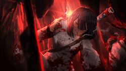 Rule 34 | black hair, blood, blood on clothes, blood on face, blood on hands, bob cut, game cg, gregor (project moon), highres, holding, holding syringe, katana, knife, limbus company, looking at viewer, nai ga, official art, project moon, red eyes, ryoshu (project moon), shirt, short hair, smoke, smoking, solo focus, sword, syringe, weapon, white shirt