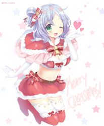 Rule 34 | 1girl, ;d, bell, belt, blue hair, boots, bow, breasts, christmas, cleavage, flower knight girl, full body, gloves, green eyes, hair bow, hair bun, heart, jingle bell, kurot, laurentia (flower knight girl), merry christmas, midriff, one eye closed, open mouth, plaid, plaid bow, red bow, red skirt, red thighhighs, santa costume, short hair, single hair bun, skirt, smile, solo, star (symbol), starry background, thigh boots, thighhighs, twitter username, white background, white gloves, white thighhighs