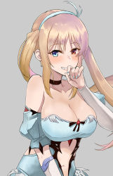 Rule 34 | 1girl, ayul (ayulneri 92), bad id, bad pixiv id, bare shoulders, black choker, blonde hair, blue dress, blue eyes, blue hairband, blue nails, blush, breasts, center opening, choker, cleavage, clothing cutout, commission, covering own mouth, detached sleeves, dress, grey background, grin, hairband, heterochromia, highres, large breasts, long hair, looking at viewer, nail polish, navel, navel cutout, nose blush, puffy short sleeves, puffy sleeves, red eyes, revealing clothes, ruri (seven knights), seven knights, short sleeves, smile, solo, strapless, strapless dress, twintails, upper body
