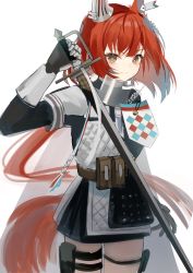 Rule 34 | 1girl, animal ears, arknights, azuazu 0405, belt pouch, black bag, black skirt, blouse, brown eyes, cowboy shot, flametail (arknights), gauntlets, hand up, highres, holding, holding sword, holding weapon, long hair, looking at viewer, pouch, red hair, shirt, simple background, skirt, smile, solo, squirrel ears, squirrel girl, squirrel tail, sword, tail, thigh pouch, thigh strap, weapon, white background, white shirt