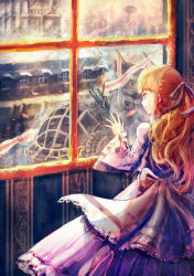 Rule 34 | 1girl, aircraft, brown hair, building, dirigible, dress, flag, gun, hair ribbon, highres, indoors, long hair, long sleeves, looking outside, max07817, mecha, original, purple dress, purple ribbon, ribbon, robot, scenery, solo, standing, steampunk, wallpaper (object), weapon, wide sleeves, window
