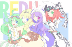 Rule 34 | 4girls, alchemic magician, belt, blonde hair, blue eyes, bow, dress, duel monster, gloves, goggles, green eyes, green hair, hat, high priestess of prophecy, looking at viewer, madolche, madolche magileine, madolche majoleine, madolche puddingcess, magical erudite junon, multiple girls, one eye closed, open mouth, prophecy, purple eyes, red hair, ribbon, simple background, smile, wink, witch hat, yu-gi-oh!