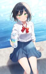 Rule 34 | 1girl, absurdres, black hair, blue hair, blue skirt, blush, bottle, bow, breasts, closed mouth, collared shirt, commentary request, day, dress shirt, feet out of frame, green eyes, hair between eyes, highres, holding, holding bottle, long sleeves, looking at viewer, multicolored hair, ocean, original, outdoors, pleated skirt, red bow, school uniform, shiino sera, shirt, sitting, skirt, small breasts, smile, solo, two-tone hair, water, water bottle, white shirt