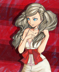 Rule 34 | 10s, 1girl, blonde hair, blue eyes, bow, catherine, catherine (cosplay), catherine (game), cosplay, crossover, hair ornament, long hair, open mouth, persona, persona 5, smile, solo, takamaki anne, twintails, waist bow