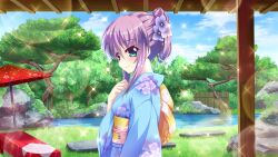 Rule 34 | 1girl, architecture, back bow, bench, blue eyes, blue kimono, blue sky, boulder, bow, cloud, day, east asian architecture, fence, film grain, floral print, flower, from side, furisode, game cg, grass, hair flower, hair ornament, hand on own chest, izumi tsubasu, japanese clothes, kimono, lens flare, looking at viewer, non-web source, official art, oil-paper umbrella, plant request, pond, purple flower, purple hair, re:stage!, red umbrella, sash, short hair, sky, smile, solo, sparkle, tree, tsukisaka sayu, umbrella, upper body, yellow bow, yellow sash