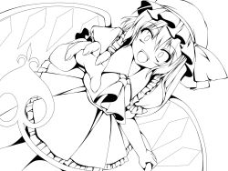 Rule 34 | 1girl, crazy eyes, dress, dutch angle, female focus, flandre scarlet, frills, greyscale, hat, highres, kamiya tomoe, lineart, monochrome, open mouth, outstretched hand, reaching, ribbon, short hair, side ponytail, simple background, solo, touhou, white background, wings, yandere