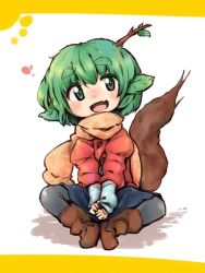 Rule 34 | 1girl, blush, boots, character request, croixsan, feet together, female focus, green eyes, green hair, head leaves, leaf, monster girl, open mouth, plant girl, scarf, short hair, sitting, solo