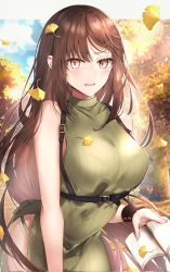 Rule 34 | 1girl, alternate costume, autumn leaves, bare shoulders, blush, book, breasts, brown eyes, brown hair, buckle, contemporary, cowboy shot, dress, earrings, fate/grand order, fate (series), green dress, hane yuki, highres, holding, holding book, jewelry, long hair, looking at viewer, medium breasts, multiple earrings, side slit, sidelocks, sleeveless, sleeveless dress, solo, very long hair, wrist cuffs, yu mei-ren (fate)