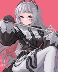 Rule 34 | 1girl, arknights, black gloves, black jacket, closed mouth, commentary request, feet out of frame, forehead, gloves, grey hair, hands up, head wings, highres, holding, irene (arknights), jacket, long hair, long sleeves, looking at viewer, pantyhose, pink background, puffy long sleeves, puffy sleeves, red eyes, simple background, skirt, sleeves past wrists, solo, thick eyebrows, very long hair, white pantyhose, white skirt, wings, ye lan a ye lan