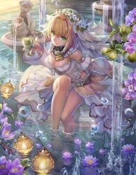Rule 34 | 10s, 1girl, barefoot, belt, blonde hair, breasts, bridal veil, chalice, cleavage, closed mouth, commentary request, cup, detached collar, detached sleeves, fate/extra, fate/extra ccc, fate (series), flower, fountain, green eyes, hair between eyes, hair intakes, hand up, holding, holding cup, knee up, large breasts, lock, looking at viewer, nero claudius (bride) (fate), nero claudius (bride) (second ascension) (fate), nero claudius (fate), nero claudius (fate) (all), padlock, petals, petals on liquid, purple flower, revision, sculpture, short hair with long locks, showgirl skirt, sitting, smile, soaking feet, solo, torino aqua, veil, wide sleeves