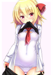 Rule 34 | 1girl, blonde hair, blush, breasts, clothes in mouth, clothes lift, clothes pull, covered erect nipples, covered navel, dress shirt, ebi 193, hair ribbon, long sleeves, looking at viewer, mouth hold, nipples, one-piece swimsuit, red eyes, ribbon, rumia, school swimsuit, see-through, shirt, shirt in mouth, shirt lift, short hair, skirt, skirt pull, small breasts, solo, swimsuit, swimsuit under clothes, touhou, undressing, white school swimsuit, white one-piece swimsuit