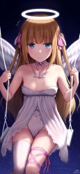 Rule 34 | 1girl, angel wings, asymmetrical legwear, babydoll, bare shoulders, blonde hair, blue eyes, breasts, cameltoe, choker, collarbone, commentary request, furrowed brow, grabbing, hair ribbon, halo, highres, hime-chan (ramchi), jewelry, lace, lace choker, leotard, long hair, looking at viewer, necklace, original, partial commentary, pink ribbon, ramchi, ribbon, signature, sitting, small breasts, solo, star (sky), swing, thighhighs, twintails, white babydoll, white halo, white leotard, white thighhighs, wings