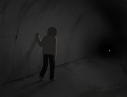 Rule 34 | 1boy, absurdres, avogado6, barefoot, black pants, commentary request, dark, facing away, from behind, grey hair, hand on wall, highres, light, long sleeves, medium hair, original, pants, shirt, solo, symbolism, tunnel, vanishing point, walking, white shirt, wide shot