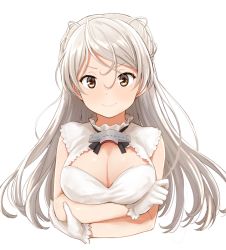 Rule 34 | 1girl, breasts, brown eyes, cleavage, closed mouth, conte di cavour (kancolle), conte di cavour nuovo (kancolle), dress, gloves, kantai collection, large breasts, long hair, short sleeves, silver hair, simple background, smile, solo, two side up, watanore, white background, white dress, white gloves