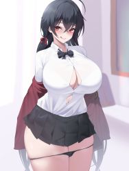 Rule 34 | 1girl, :d, ahoge, armband, azur lane, black hair, blush, bow, bra visible through clothes, breasts, bursting breasts, button gap, crossed bangs, highres, huge breasts, kuavera, long hair, looking at viewer, navel, official alternate costume, open mouth, panties, panty pull, pleated skirt, red eyes, school uniform, shirt, skirt, smile, solo, sweat, sweater, taihou (azur lane), taihou (sweet time after school) (azur lane), thick thighs, thighs, tongue, tongue out, twintails, underwear, very long hair, yellow armband