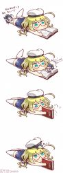 Rule 34 | &gt; &lt;, +++, 10s, 2girls, 61cm quadruple (oxygen) torpedo mount, :3, :d, blonde hair, book, chibi, closed eyes, comic, fairy (kancolle), glasses, hair ribbon, highres, i-8 (kancolle), kantai collection, long hair, lying, multiple girls, musical note, on stomach, open book, open mouth, quaver, reading, ribbon, school swimsuit, simple background, smile, swimsuit, tanaka kusao, twitter username, white ribbon, xd
