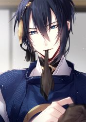Rule 34 | 1boy, bishounen, black gloves, black hair, blue eyes, blurry, blurry background, blurry foreground, depth of field, glove in mouth, gloves, hair between eyes, hair ornament, head tilt, japanese clothes, kariginu, looking at viewer, male focus, mikazuki munechika, mochizuki shiina, mouth hold, parted lips, sayagata, solo, touken ranbu, upper body, v-shaped eyebrows