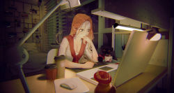 Rule 34 | 1girl, biobattery, breasts, cat, chinese commentary, cleavage, closed mouth, coffee cup, commentary, computer, cup, desk, disposable cup, green eyes, hand on own chin, highres, holding, holding pen, indoors, laptop, large breasts, light, long hair, looking at object, milk ko, mouse (animal), night, orange hair, original, pen, shirt, sitting, solo, upper body, white shirt, window, wireless mouse