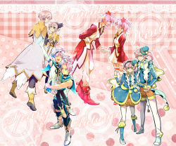 Rule 34 | 4boys, 4girls, alfa system, boots, breasts, capelet, coat, earrings, elbow gloves, closed eyes, gloves, green eyes, hairband, hat, jewelry, kanonno earhart, kanonno grassvalley, multiple boys, multiple girls, pants, pantyhose, pasca kanonno, pink hair, ribbon, shoes, side ponytail, tales of (series), tales of the world radiant mythology, tales of the world radiant mythology 2, tales of the world radiant mythology 3, thighhighs