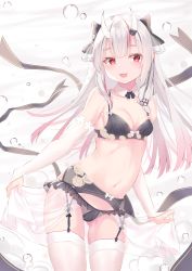 Rule 34 | 1girl, :3, :d, bare shoulders, black bow, black bra, black panties, bow, bra, breasts, bridal gauntlets, bubble, collar, collarbone, commentary, fang, frilled panties, frills, garter belt, hair bow, harada haruki, highres, hololive, horns, lingerie, long hair, looking at viewer, medium breasts, multicolored hair, nakiri ayame, navel, oni, open mouth, panties, red eyes, red hair, see-through, skin-covered horns, skin fang, smile, solo, stomach, streaked hair, thighhighs, underwear, virtual youtuber, white collar, white hair, white thighhighs
