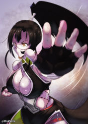 Rule 34 | 1girl, black hair, breasts, brown eyes, cleavage, colored skin, criss-cross halter, fingerless gloves, gloves, grey skin, hair between eyes, halterneck, high ponytail, kunai zenow, large breasts, monster girl, monster musume no oisha-san, muscular, muscular female, open mouth, orphen (pink seito), scar, scar on face, scar on nose, stitches, zombie